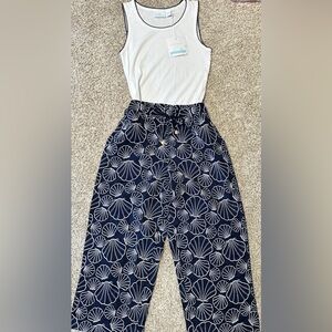 NWT SZ L Cynthia Rowley Navy and White Patterned Pants W/Matching Tank Top SET!!